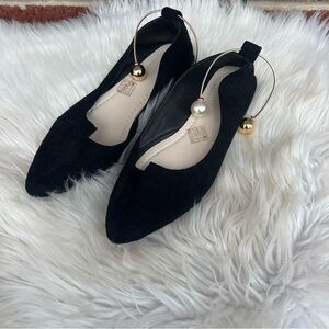 Black Faux Suede and Gold and Pearl Ankle Pointed Toe Flats